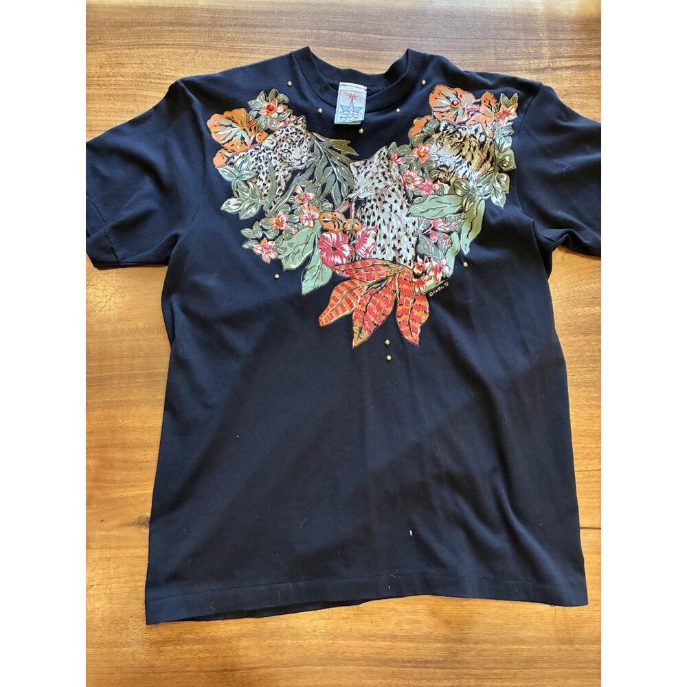 Vintage‎ 90s Leopard Tiger Floral Gemstone Beaded T-shirt Sz Large Single Stitch